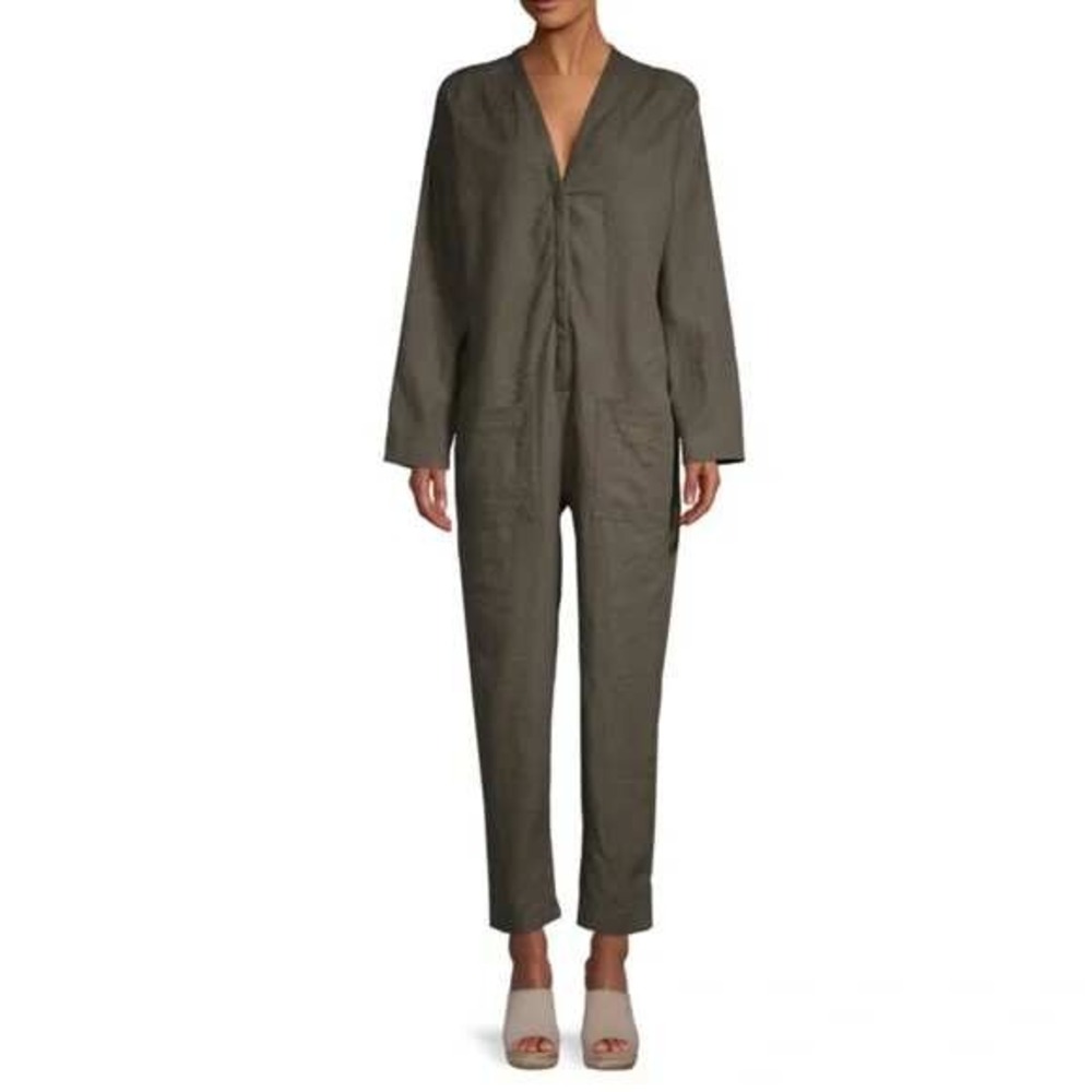 Standard James Perse Olive Green 100% Linen Long Sleeve Utility Jumpsuit Size 0